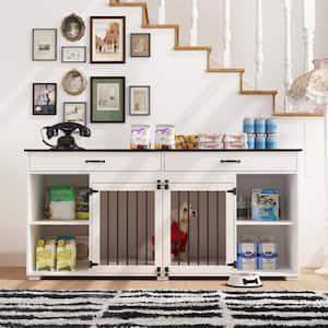 Modern Large Wooden Dog Kennel Furniture Storage Cabinet, Pet Dog Cage with 2 Drawers and Storage Shelf for Dogs, White