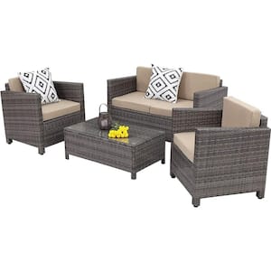4-Pieces Brown Wicker Patio Conversation Set with Beige Cushions