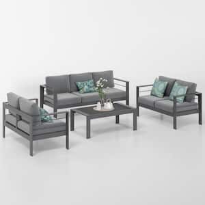 Grey 4-Piece Aluminum Patio Conversation Set with Dark Grey Cushions