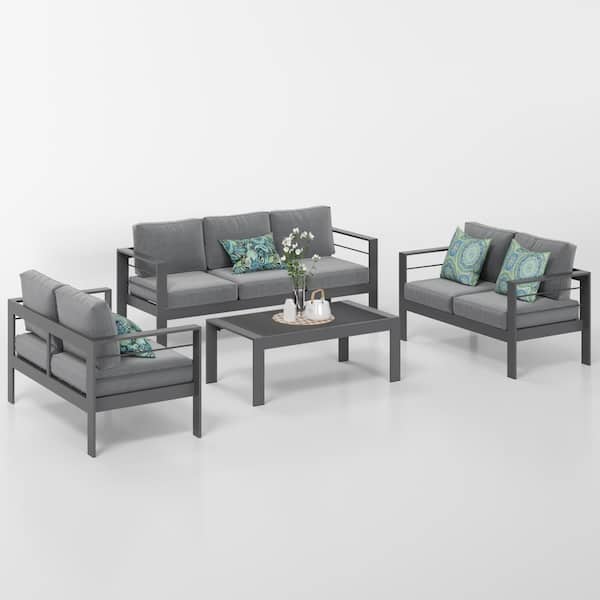 SUNVIVI Grey 4-Piece Aluminum Patio Conversation Set with Dark Grey Cushions
