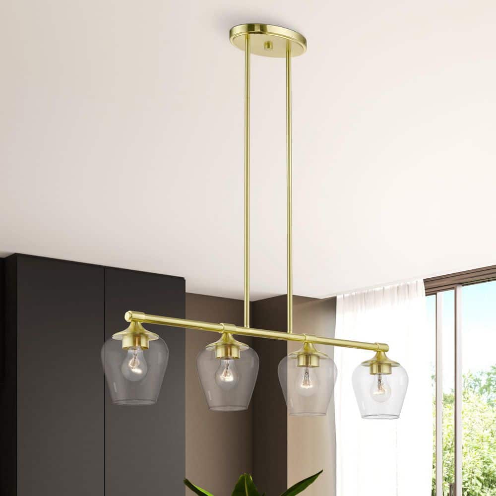 Elegant Satin Brass Linear Chandelier with Clear Glass Shades