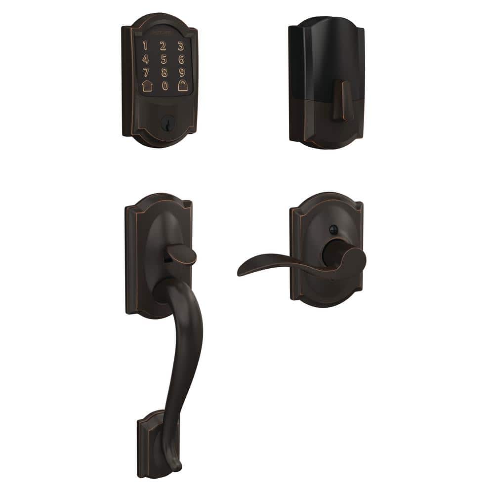 Schlage Camelot Aged Bronze Encode Smart Wi-Fi Deadbolt with Alarm and  Camelot Handle Set with Accent Handle with Camelot Trim BE489WBCAM716  FE285GCAM716ACCCAM The Home Depot