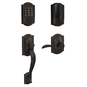 Camelot Aged Bronze Encode Smart Wi-Fi Deadbolt with Alarm and Camelot Handle Set with Accent Handle with Camelot Trim