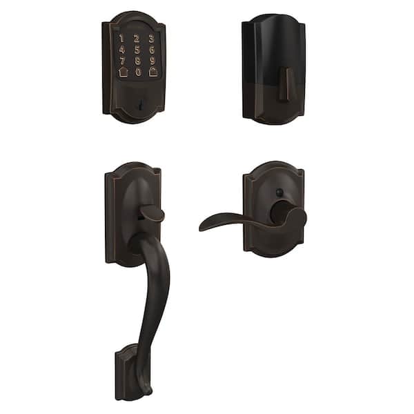 Schlage Camelot Aged Bronze Encode Smart Wi-Fi Deadbolt with Alarm and Camelot Handle Set with Accent Handle with Camelot Trim