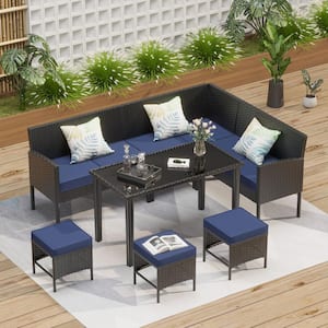 7-Piece Wicker Sectional Sofa Set w/Cushions, Dining Table & Ottomans