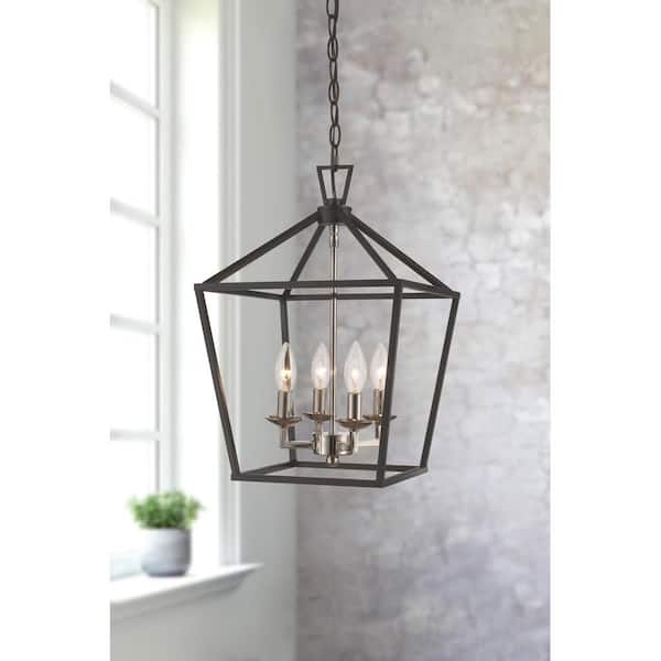 Bel Air Lighting Lacey 4-Light Black and Chrome Pendant Light Fixture with Caged Metal Shade