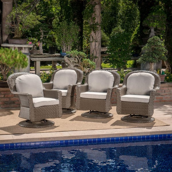 Liam Brown Swivel Faux Rattan Outdoor Patio Lounge Chair with Ceramic Grey Cushions (4-Pack)