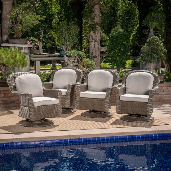 Noble House Liam Brown Swivel Faux Rattan Outdoor Lounge Chair with Ceramic Grey Cushions (4-Pack)