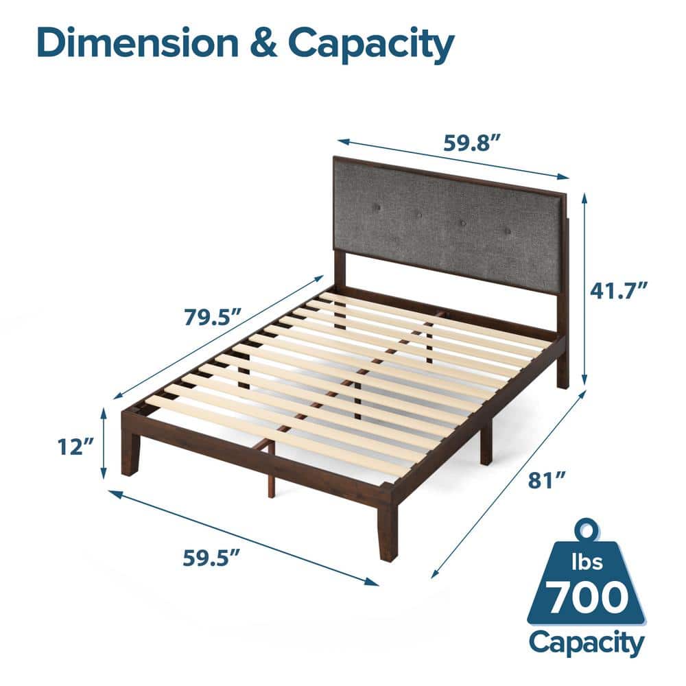 Moiz Queen Brown Wood Platform Bed Frame with Gray Upholstered Headboard