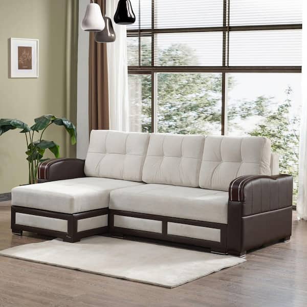 Ottomanson Maya Convertible 63 in. 2 Piece Chenille L-Shaped Sectional Sofa in Cream, Reversible Chaise 3-Seater with Storage
