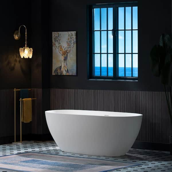63 in. x 28.25 in. Solid Surface Stone Resin Freestanding Soaking Bathtub With Center Drain in White