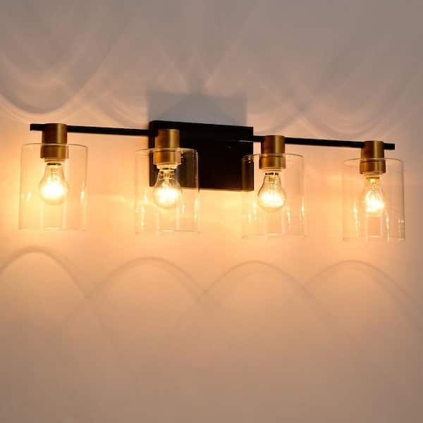 Basdien 4.72 in. 4Light Matte Black plus Gold Color Vanity Light Fixture Bathroom Over Mirror Wall Lights with FrostedGlassShade