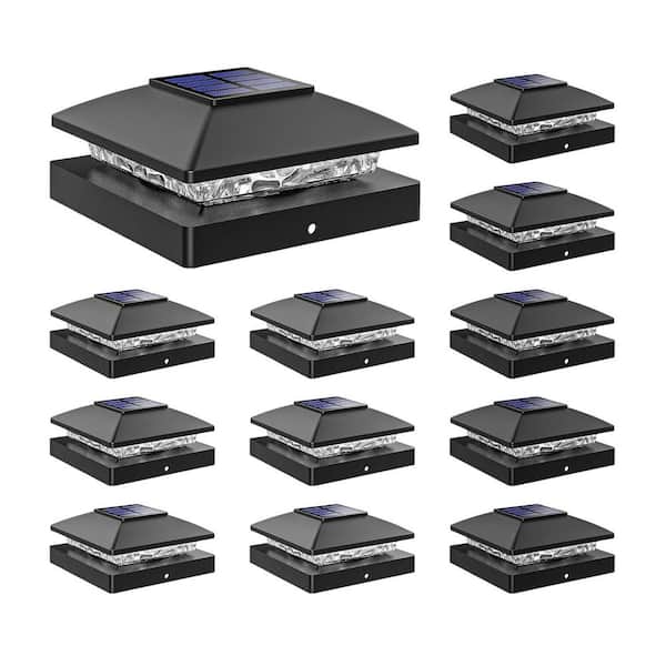 12 Pack Black Waterproof Outdoor Solar Post Cap Lights for 4 x 4 Wood/Vinyl Posts Bright Warm White Deck Fence Lighting