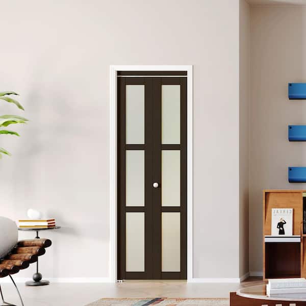 30 in. x 80 in. Frosted Glass, Solid Core, Dark Brown, 3 Lite, MDF, PVC Covering Bi-fold Door with All Hardware