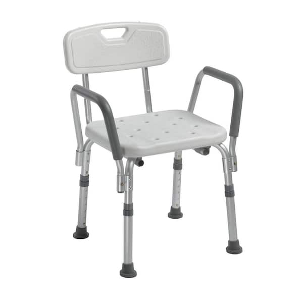 Adjustable Height Shower Chair with Contoured Back and Padded Arms, Lightweight Aluminum, 350 lb Capacity
