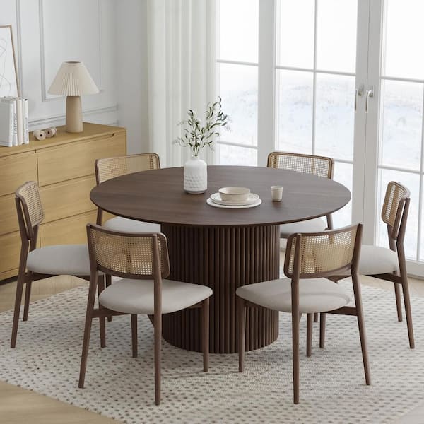 Lirago Round Walnut Wood 52 in. Column Base Dining Table Seats 6