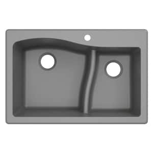 Quarza Drop-in/Undermount Granite Composite 33 in. 1-Hole 60/40 Double Bowl Kitchen Sink in Grey