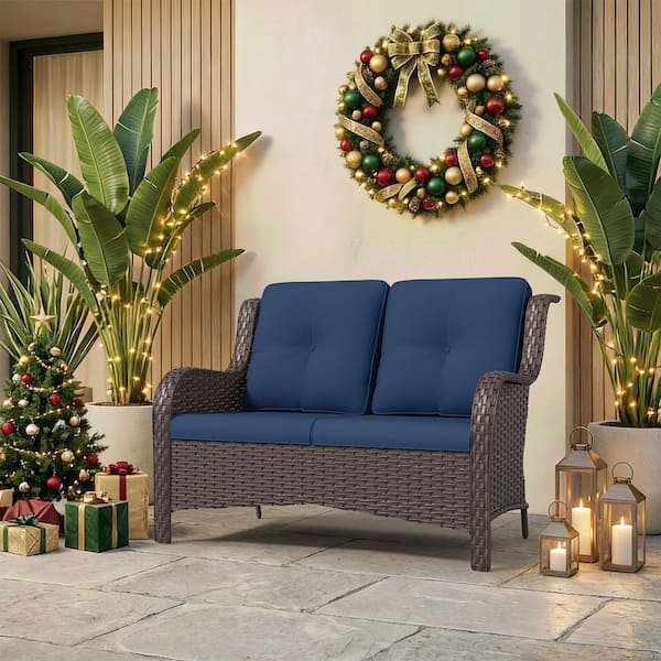 Brown Wicker Outdoor Patio Loveseat 2-Seat Sofa Couch with Blue Cushions
