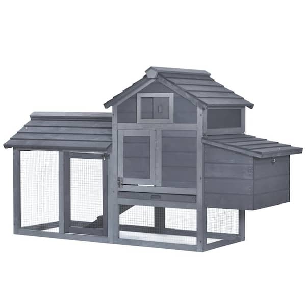 PawHut Grey Small Solid Wood In Ground Poultry Cage with 2 Doors, Nesting Box and Removable Tray