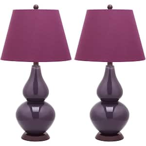 Cybil 26.5 in. Dark Purple Double Gourd Glass Table Lamp with Purple Shade (Set of 2)