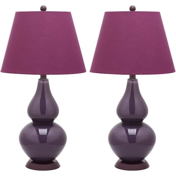 SAFAVIEH Cybil 26.5 in. Dark Purple Double Gourd Glass Table Lamp with Purple Shade (Set of 2)