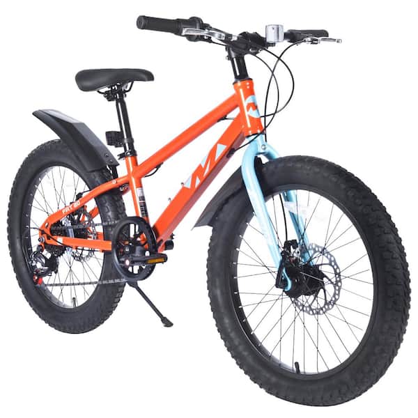 20 in. Orange Steel Kids Bicycles, Fat Tire Mountain Bike, Shimano 7-Speed Dual-Disc Brake, Kids Beach, Snow Bicycle