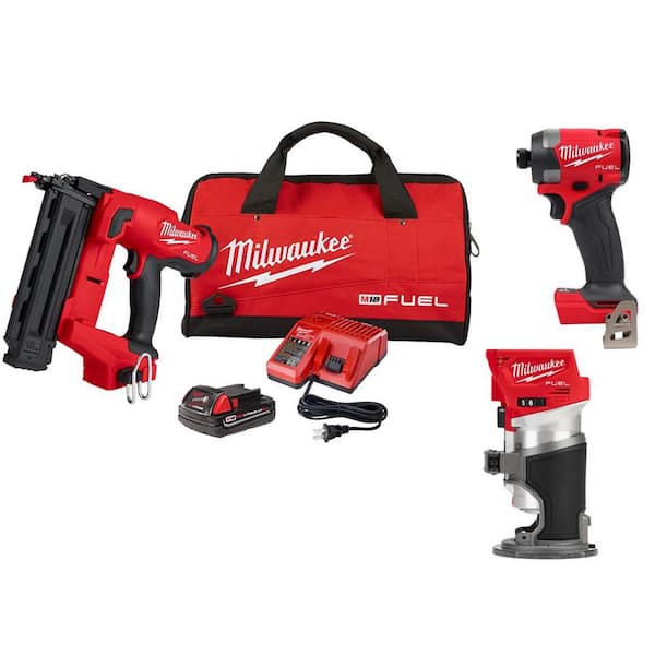 M18 FUEL GEN II 18V 18-Gauge Lith-Ion Brushless Cordless Brad Nailer Kit w/ One 2.0 Ah Battery, Router, & Impact Driver