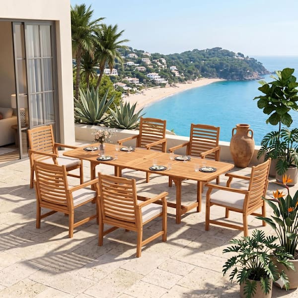 Brown 7-Piece Wood Patio Outdoor Dining Set With Extendable Table and Wood Chairs With Beige Cushion