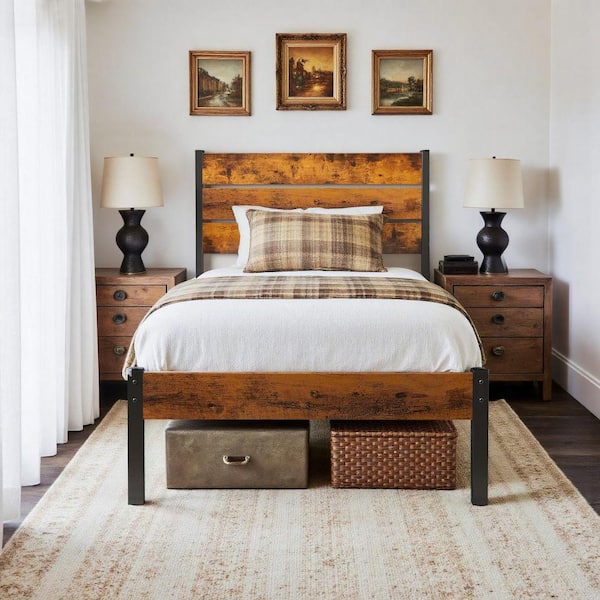 Rust Brown Wood Frame Twin Size Platform Bed Frame with Headboard and Footboard, 700lbs Support