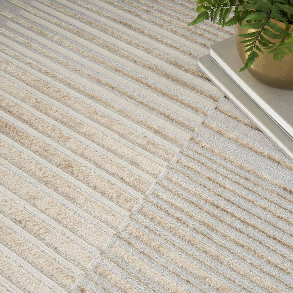 Beige Silver Striped 5' x 7' Synthetic Area Rug