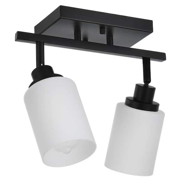 2-Light Matte Black Wall or Ceiling Track Lighting Kit with Opal White Glass Shades and E26 Bulb Sockets
