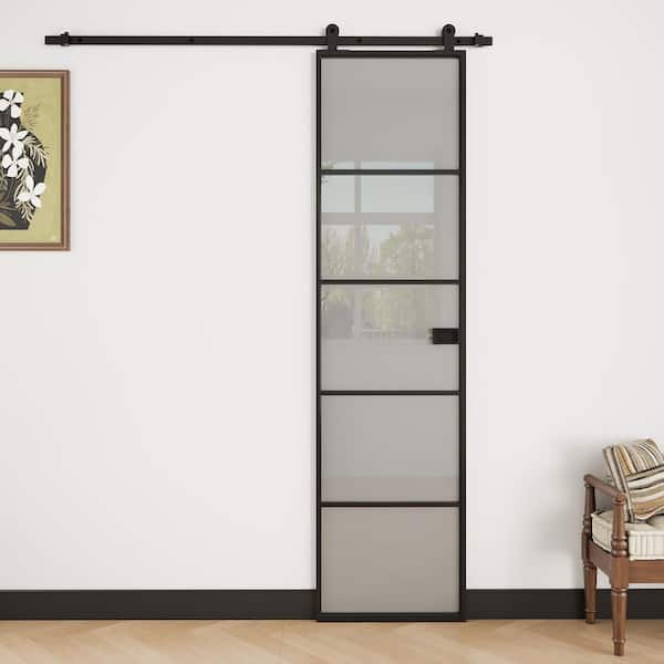 24 in. x 80 in. 5 Lite Frosted Glass Black Aluminum No Assembly Required Sliding Barn Door with Hardware Kit and Handle