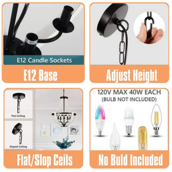 Farmhouse Series 5-Light White Wood and Black Iron Convertible Rustic Globe Chandelier for Dining Room(No Bulbs)