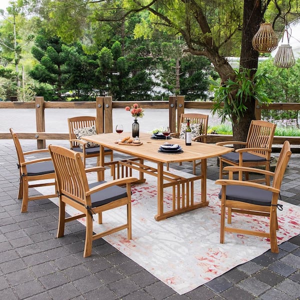 Cambridge Casual Rowlette 7 Piece Teak Wood Outdoor Dining Set with Gray Cushion
