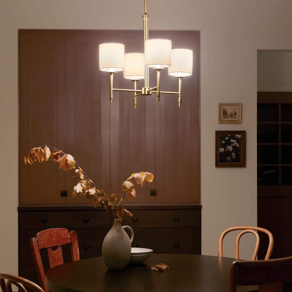 Brushed Brass Mini 4-Light Chandelier with Fabric Drum Shades