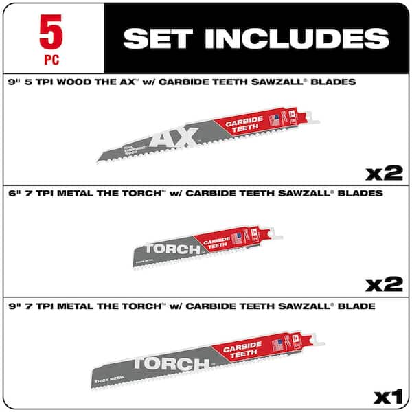 SAWZALL Carbide Demolition Wood and Metal Cutting Reciprocating Saw Blade Set (5-Piece)