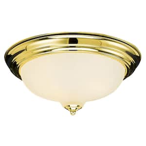2-Light Polished Brass Ceiling Fixture with Frosted Ribbed Glass