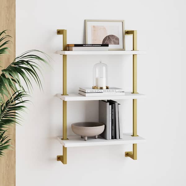 Nathan James Theo 39 In Brass Gold And White Wood 3 Shelf Floating Shelves Wall Mount Accent Bookcase With Metal Frame 66201 The Home Depot - White Bookshelf Wall Mounted