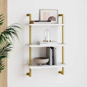 Theo 39 in. Brass Gold and White Wood 3-Shelf Floating Shelves Wall Mount Accent Bookcase with Metal Frame
