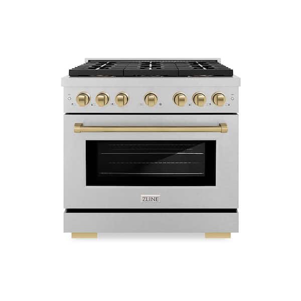 Autograph 36 in. 5.2 cu. ft. Paramount Gas Range with 6-Burner Cooktop and Gas Oven in Satin Stainless and Champagne