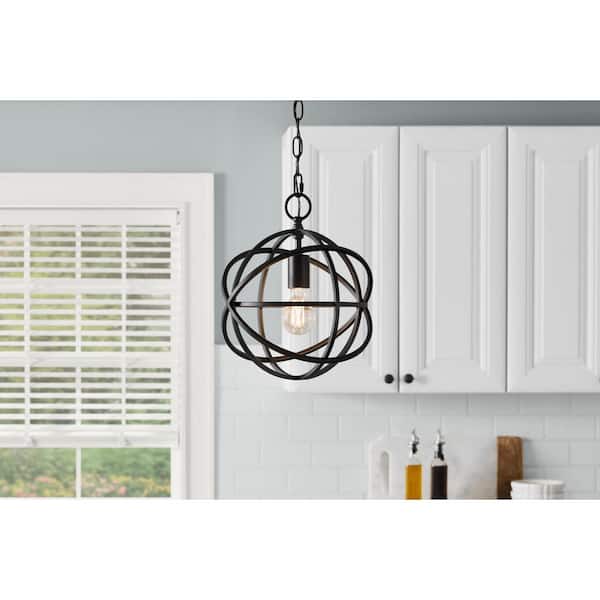 1-Light Black Mini Pendant Light Fixture with Caged Orb Metal Shade