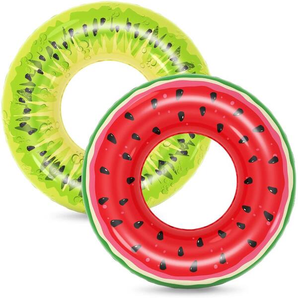 2 Pack Fruit Inflatable Swim Rings, 30.5 in Watermelon and Kiwi Pool Tube Floats for Kids and Adults