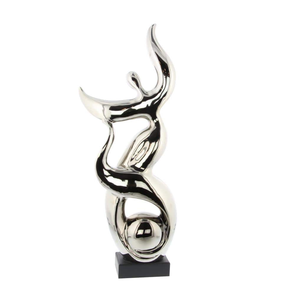 Silver Abstract Ceramic Dancer Statue with Black Base