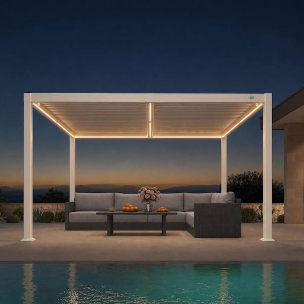 10 ft. x 12 ft. White Aluminum Outdoor Louvered Pergola with Individual Adjustable Sunshade Roofs and LED Lights