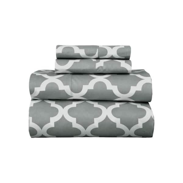 4-Piece Gray and White Novelty Microfiber Full Sheet Set