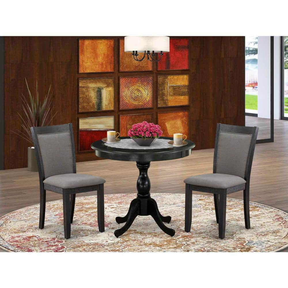 Wire Brushed Black Round Pedestal Dining Table Set with Dark Gotham Grey Linen Chairs
