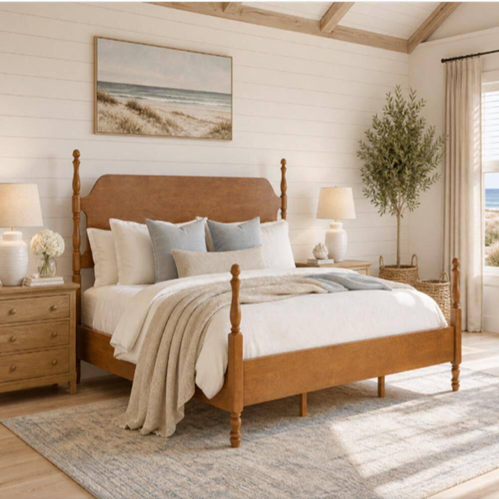 Theodor Dark Wood Brown Solid Wood Frame Queen Modern Farmhouse Platform Bed Frame with Spindle Posts