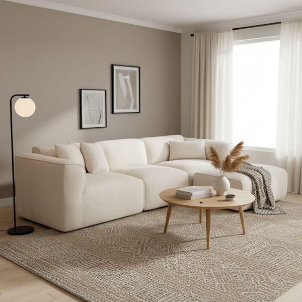 Convertible 122 in. Velvet Pure Sponge Sectional Sofa in. Beige with Ottoman, 3 Throw Pillows