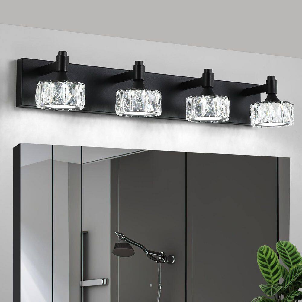 28 in. 4-Light Matte Black Modern LED Vanity Light with Prismatic Crystal Glass Shade, Dimmable for Bathroom Makeup price history on PriceWatchPro