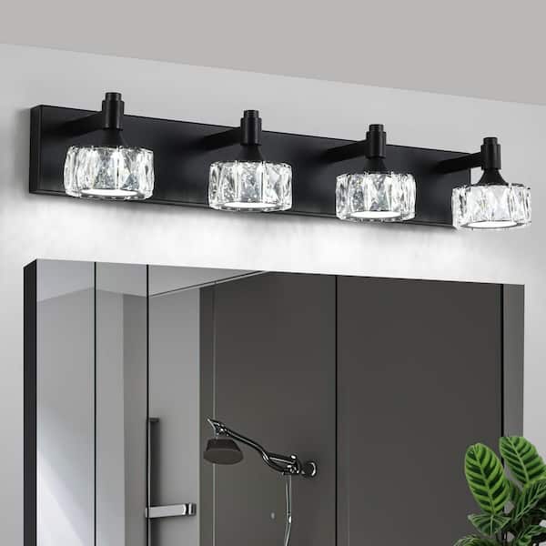 GMGSROM 28 in. 4-Light Matte Black Modern LED Vanity Light with Prismatic Crystal Glass Shade, Dimmable for Bathroom Makeup